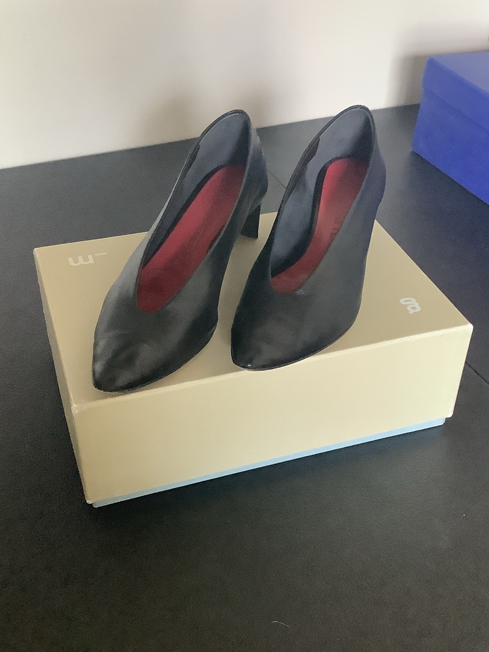 Gray Matters Black Pointed-Toe Mid Heel Pumps with Red Insole